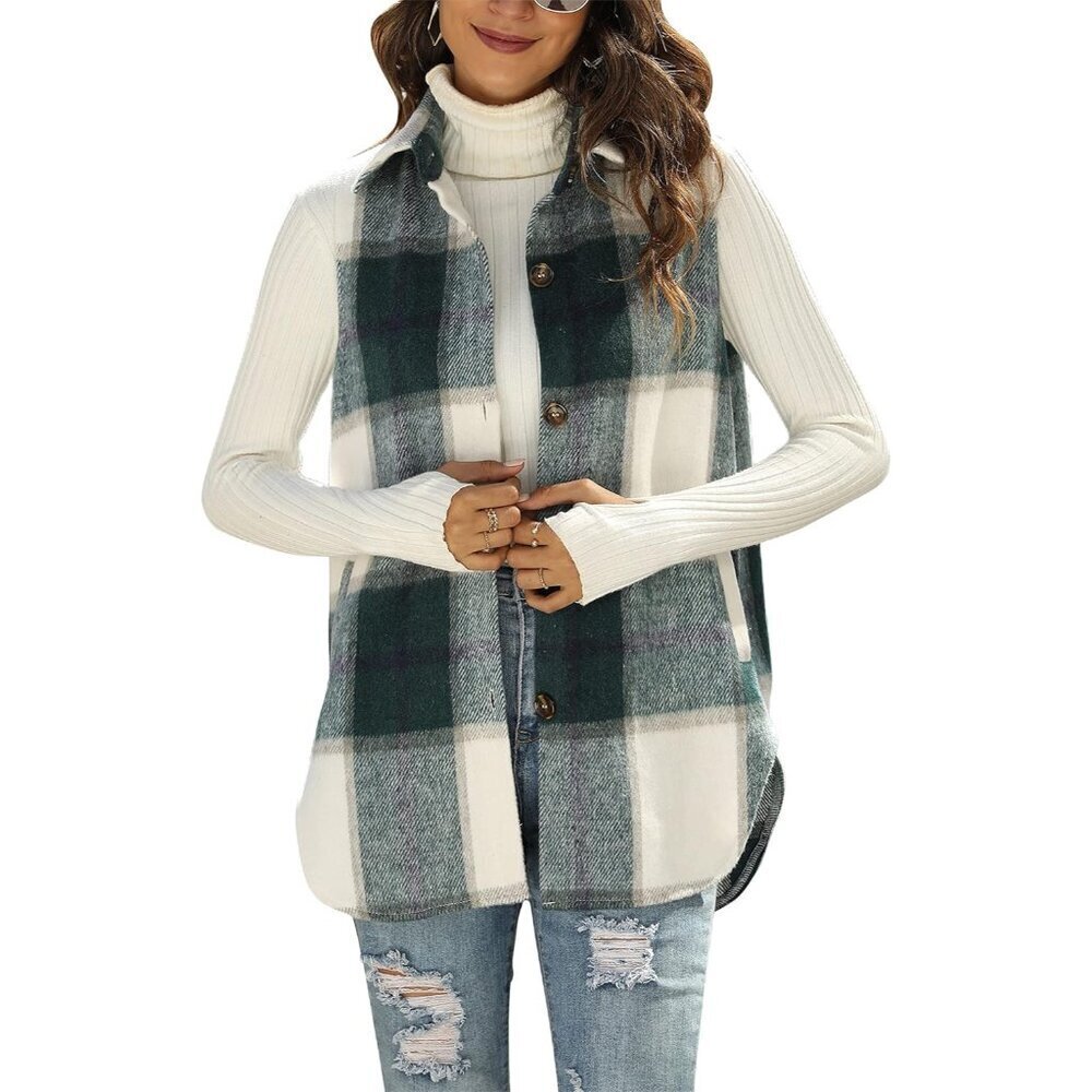 Women's Flannel Vest Plaid Button Down Sleeveless Shirt Jacket with Pockets